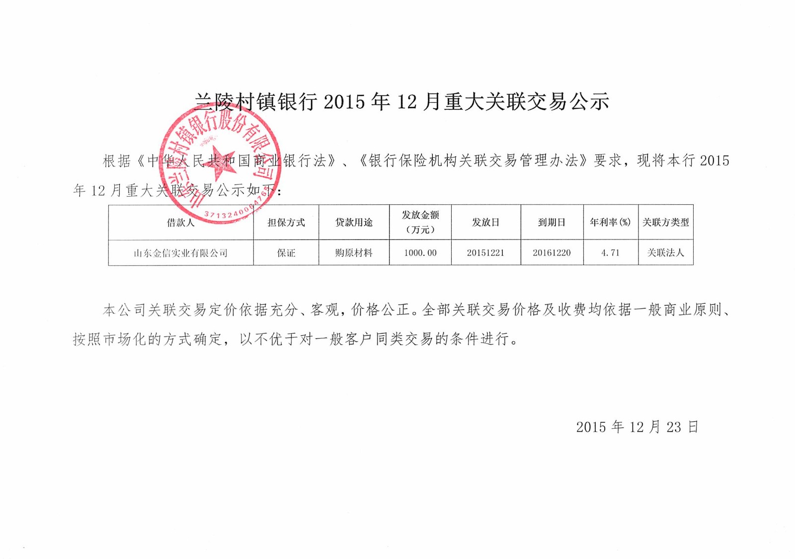 兰陵村镇银行2015年12月重大关联交易公示