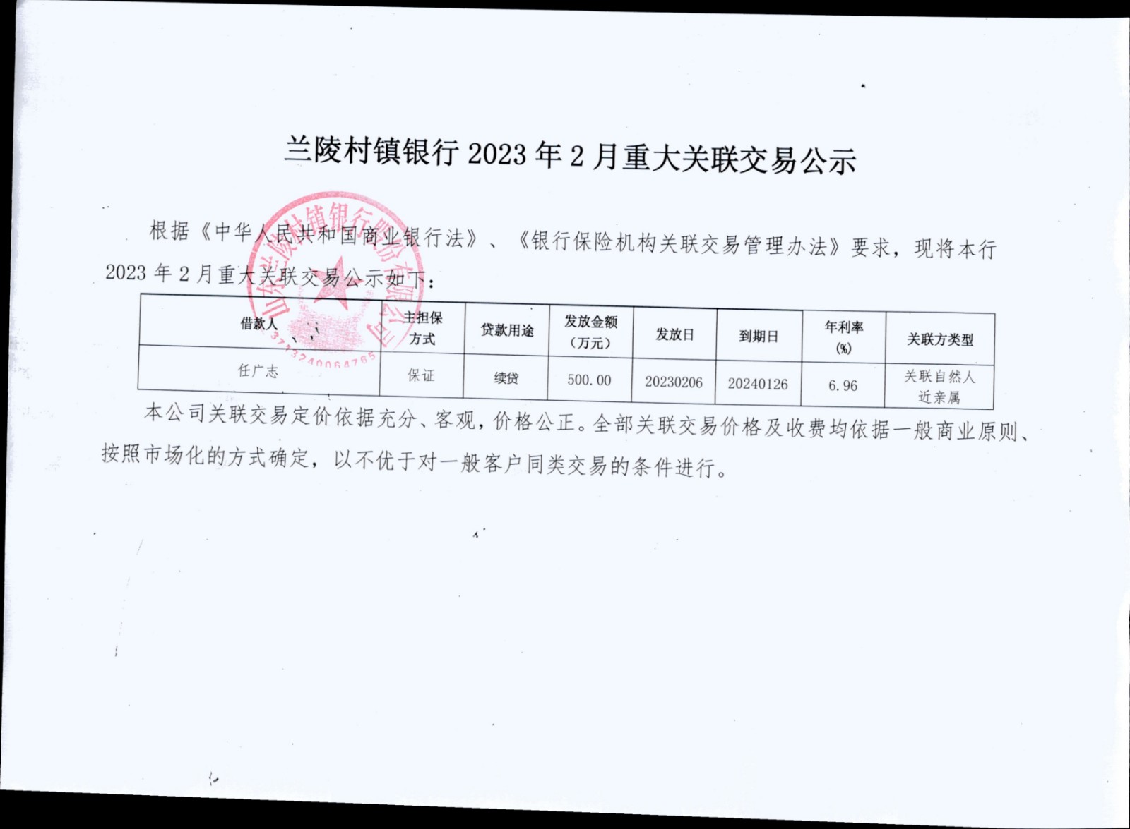 兰陵村镇银行2023年2月重大关联交易公示