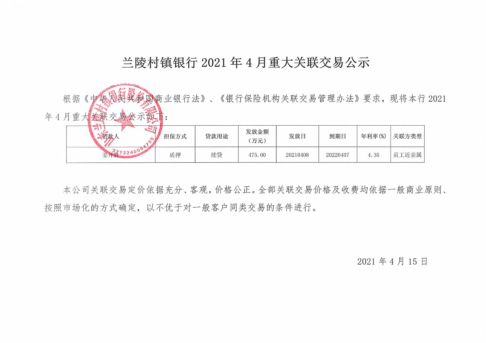 兰陵村镇银行2021年4月重大关联交易公示